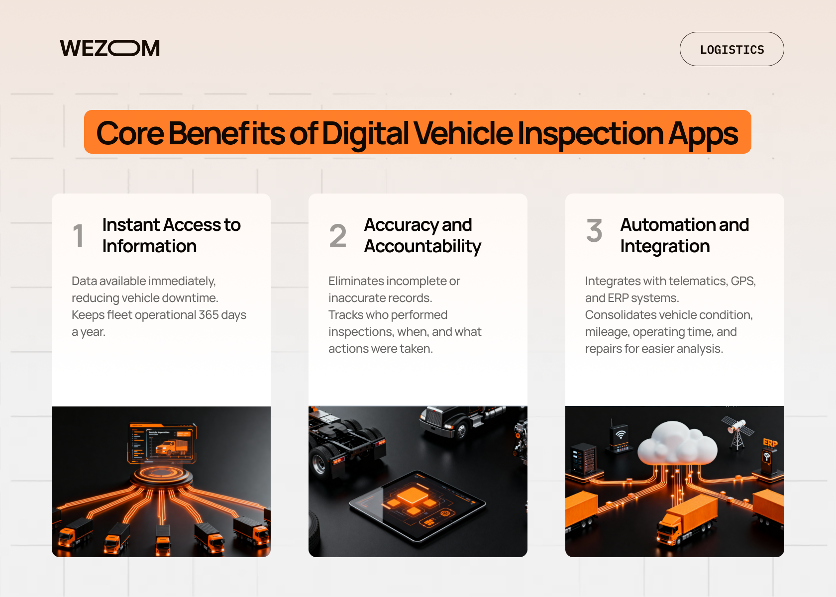 Core benefits of digital vehicle inspection app for fleet management including instant access to information, accuracy, automation, and integration Core benefits of digital vehicle inspection app for fleet management including instant access to information, accuracy, automation, and integration